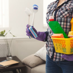 Woman with cleaning equipment ready to clean room